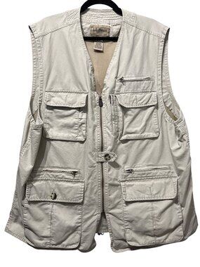 L.L. Bean Mens Vintage XXL Beige Vest 100% Cotton Outdoor Fishing Multi-Pocket